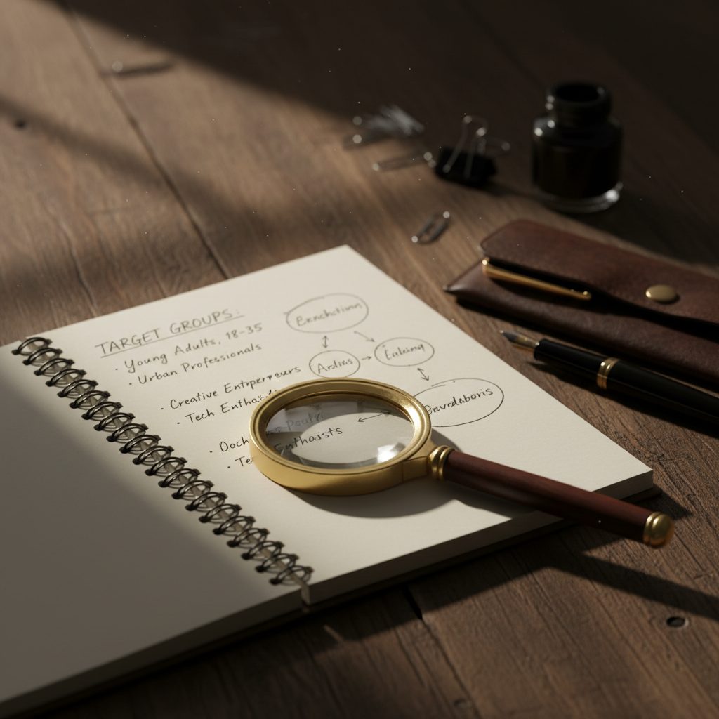 A range notebook with handwritten group notes and a magnifier on a workbench.