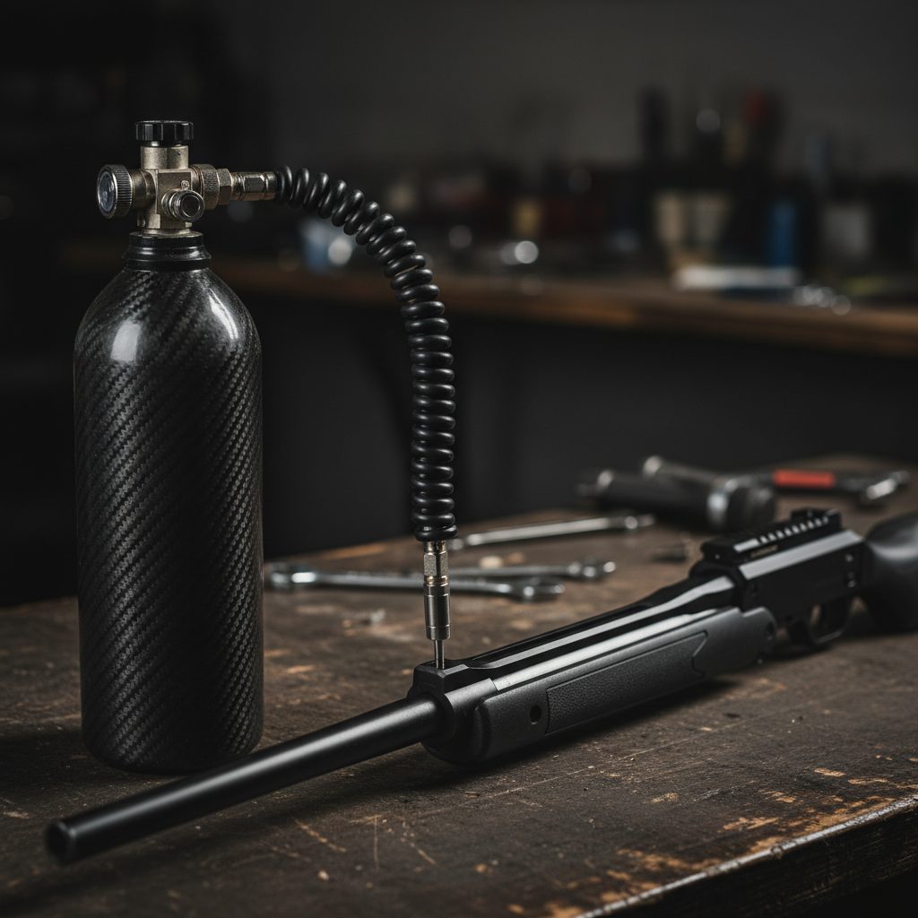 A carbon-fiber high pressure air tank with a fill hose and probe connected to a black PCP air rifle.
