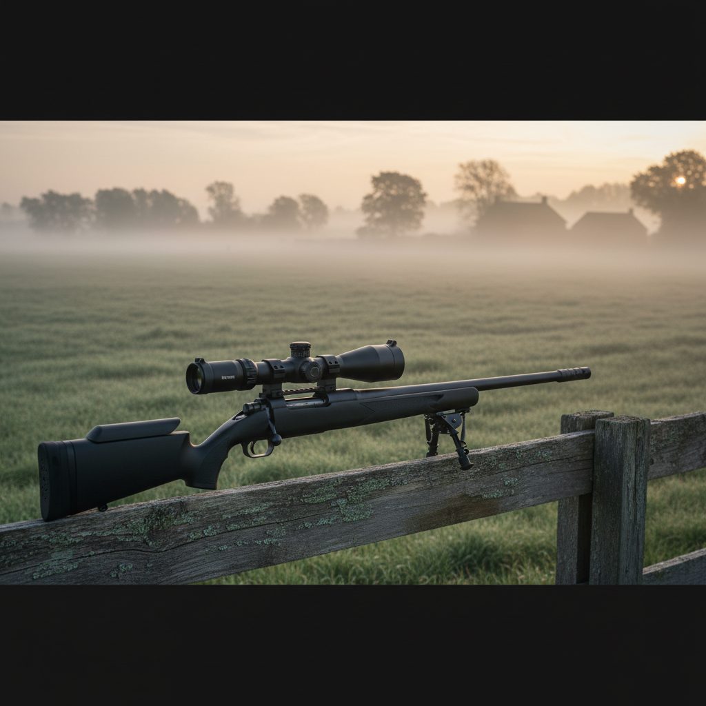 A scoped air rifle on a bipod resting on a fence rail overlooking a misty field at dawn.