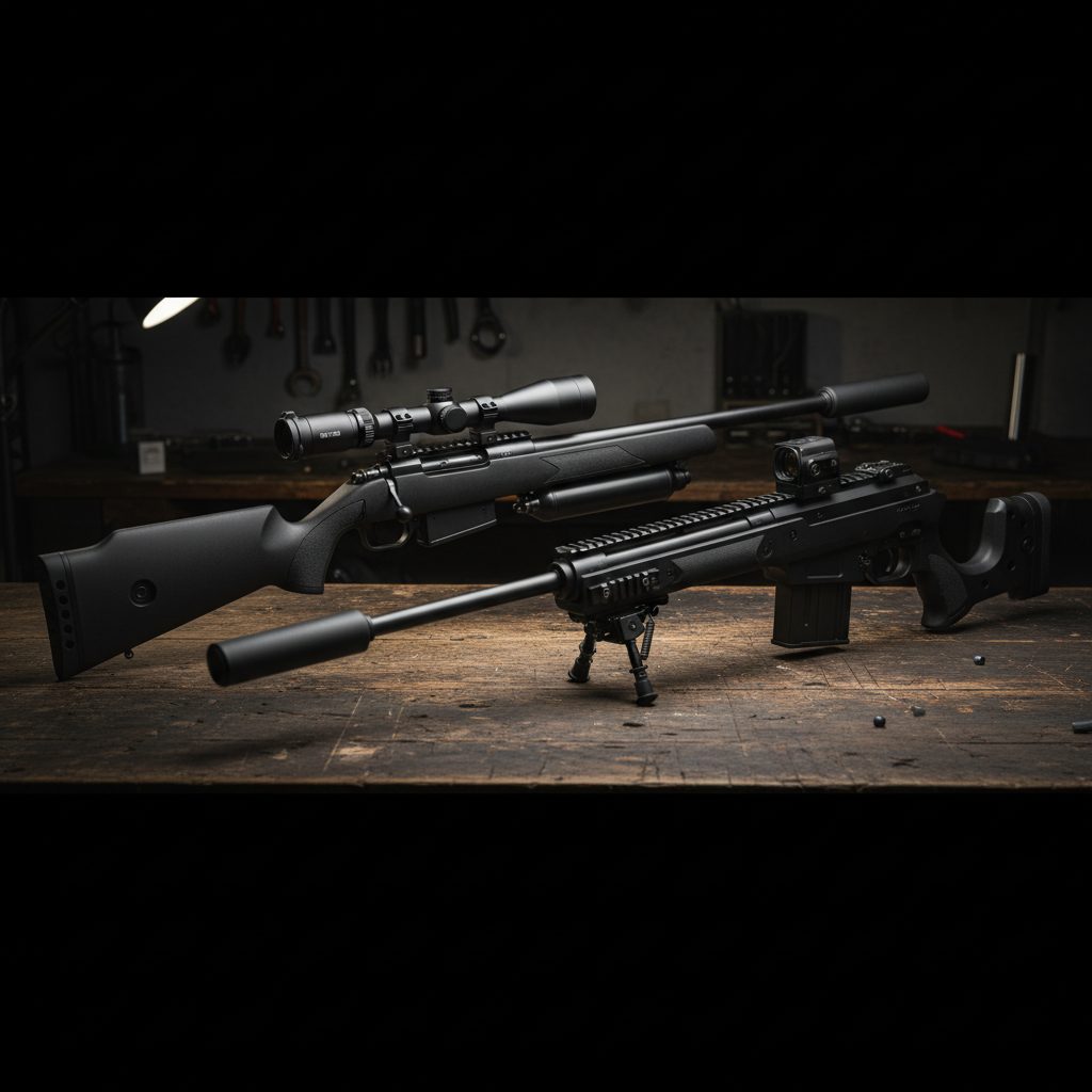 A traditional Zbroia Hortitsia sporter next to a black tactical Kozak bullpup on a workbench.