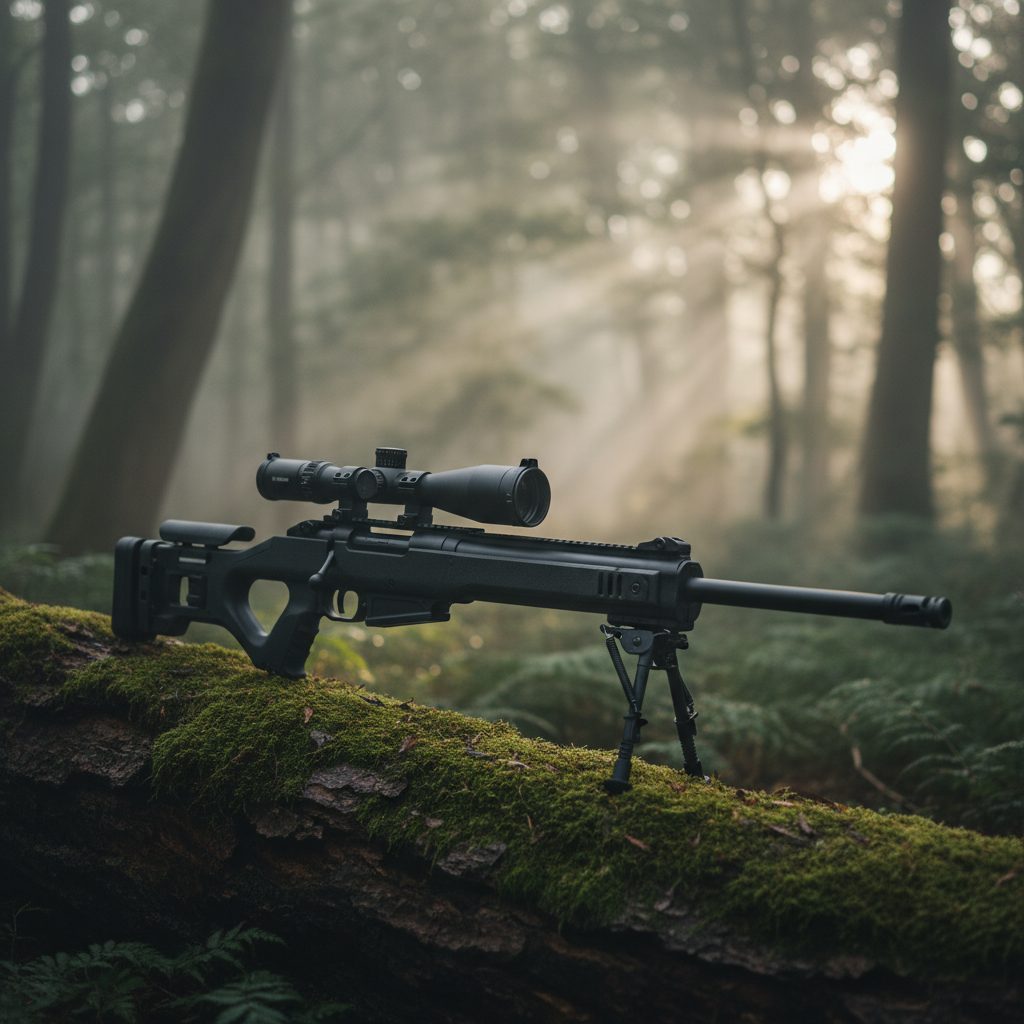 A hunter shouldering a compact scoped tactical bullpup PCP air rifle in misty morning woods.